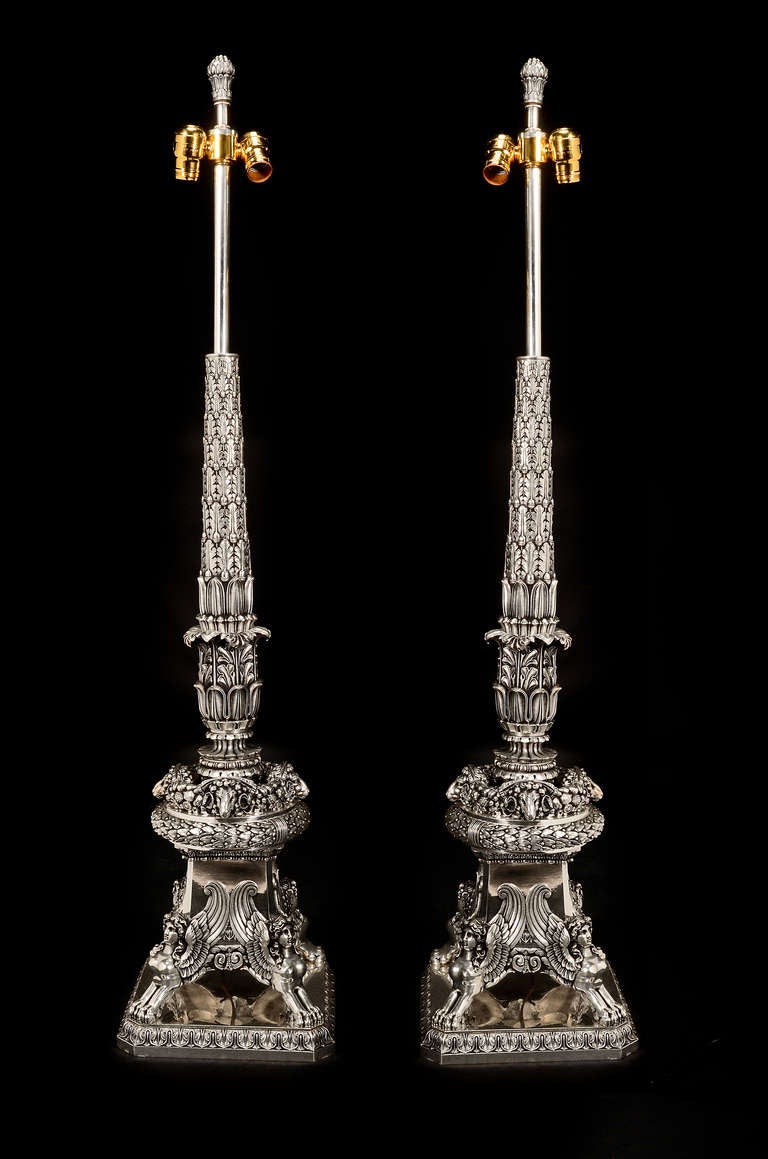 Pr. Caldwell Silvered Bronze Neoclassical Floor Lamps, ca.1900