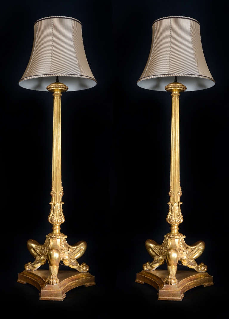 Pair Spectacular & Tall Antique French Empire Gilt Wood Floor Lamps, ca.1840.