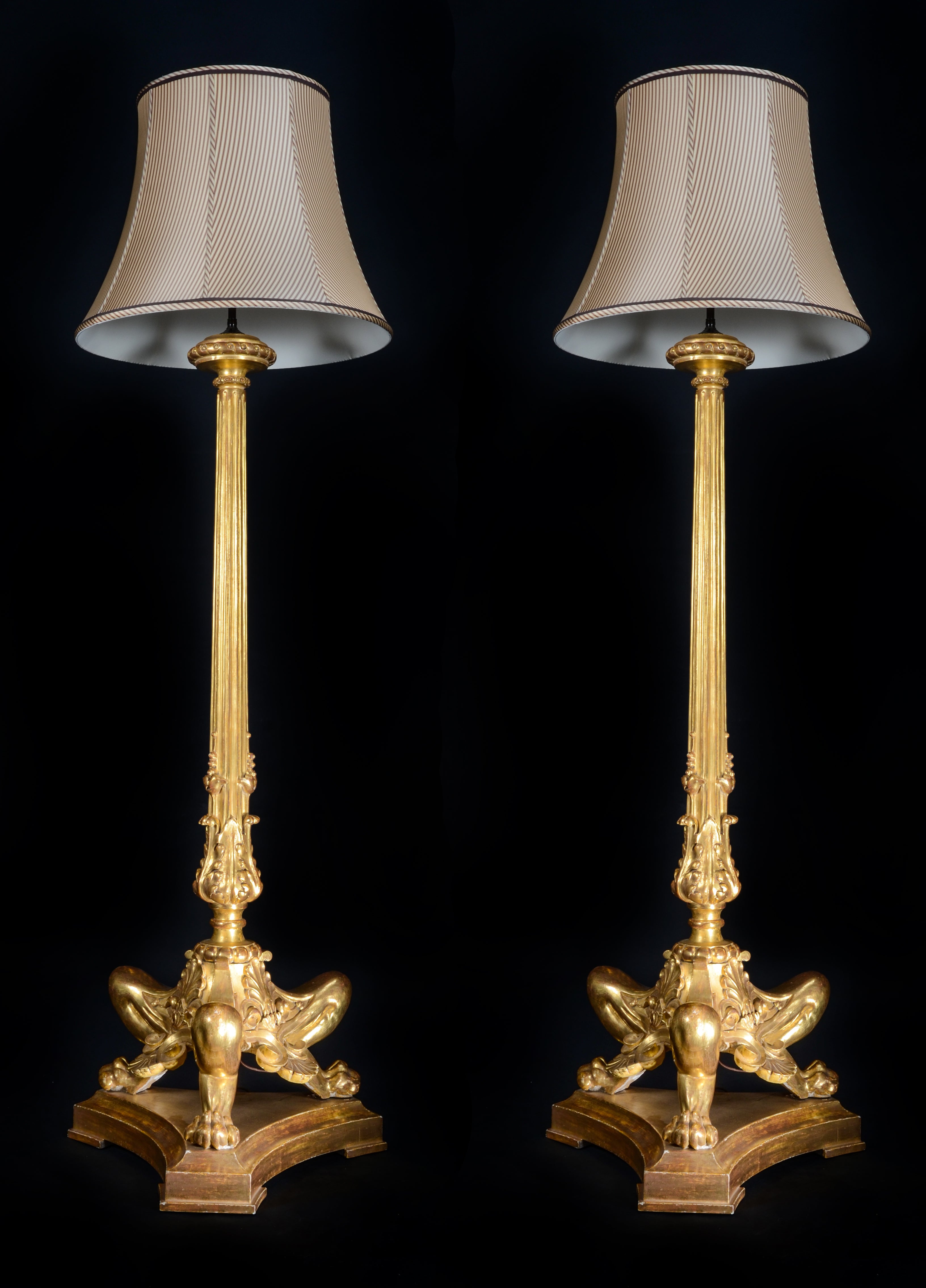 Pair Spectacular 
Tall Antique French Empire Gilt Wood Floor Lamps, ca.1840. For Sale