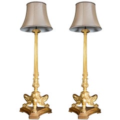 Pair Spectacular & Tall Antique French Empire Gilt Wood Floor Lamps, ca.1840.