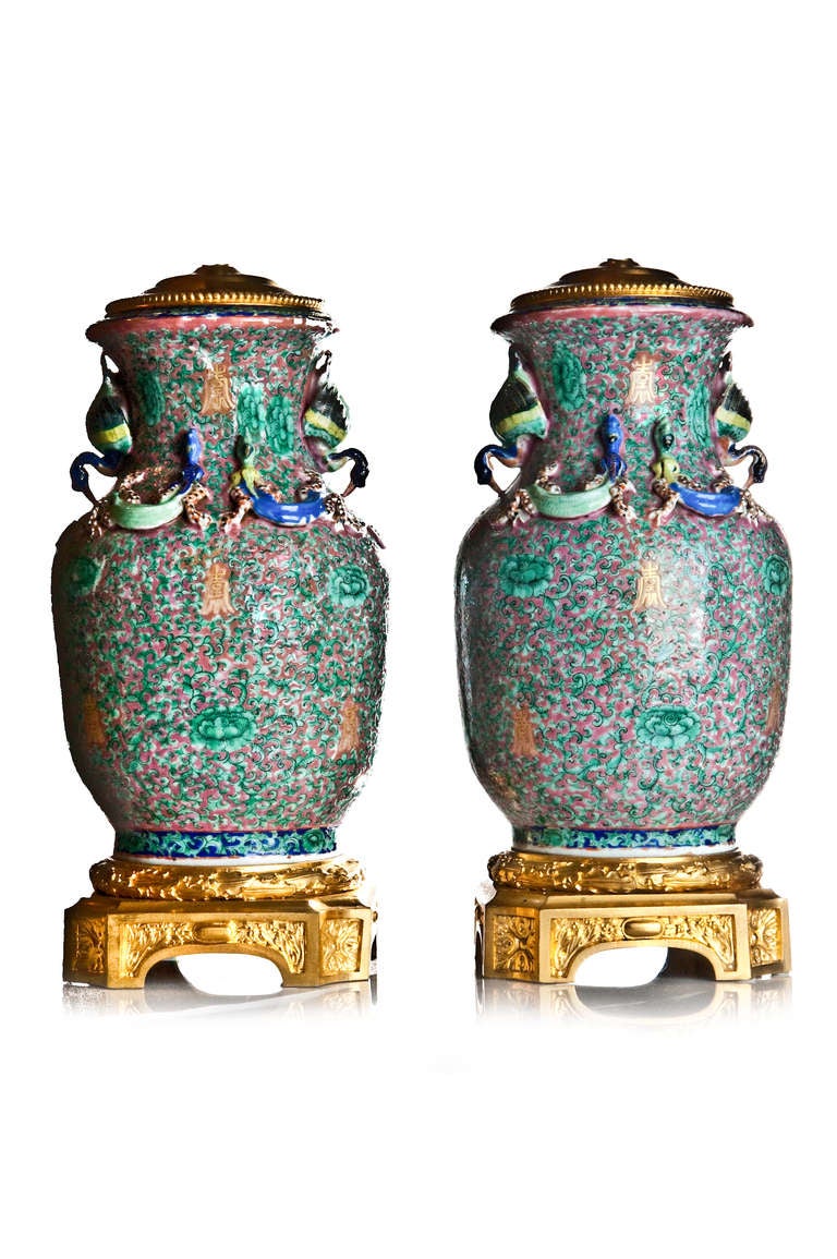 Pr Antique Chinese Louis Xvi Style Gilt Bronze Mounted Lamps, ca.1850