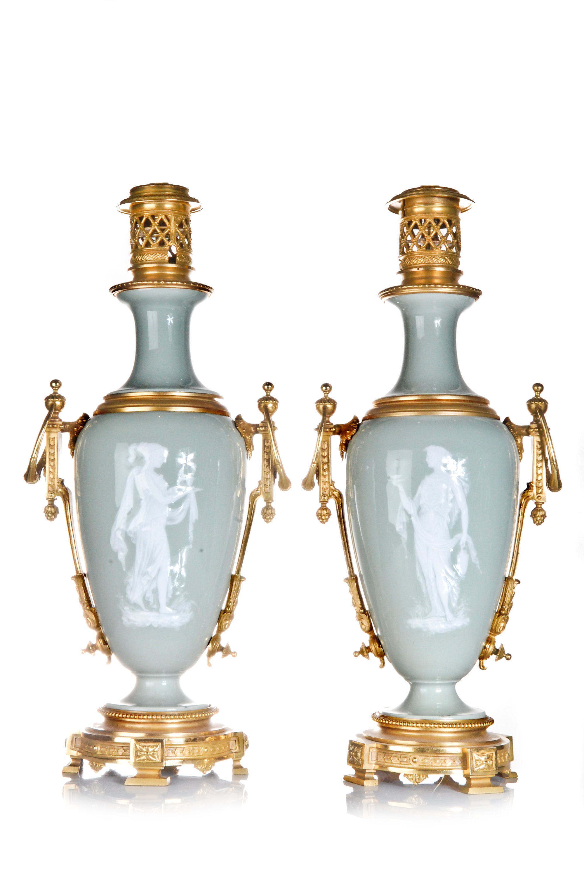 Pr French Neoclassical Gilt Bronze & Celadon Pate Sur Pate Porcelain Lamps, 1860. For Sale