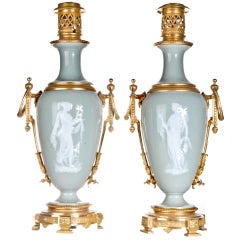Antique Pr French Neoclassical Gilt Bronze & Celadon Pate Sur Pate Porcelain Lamps, 1860.