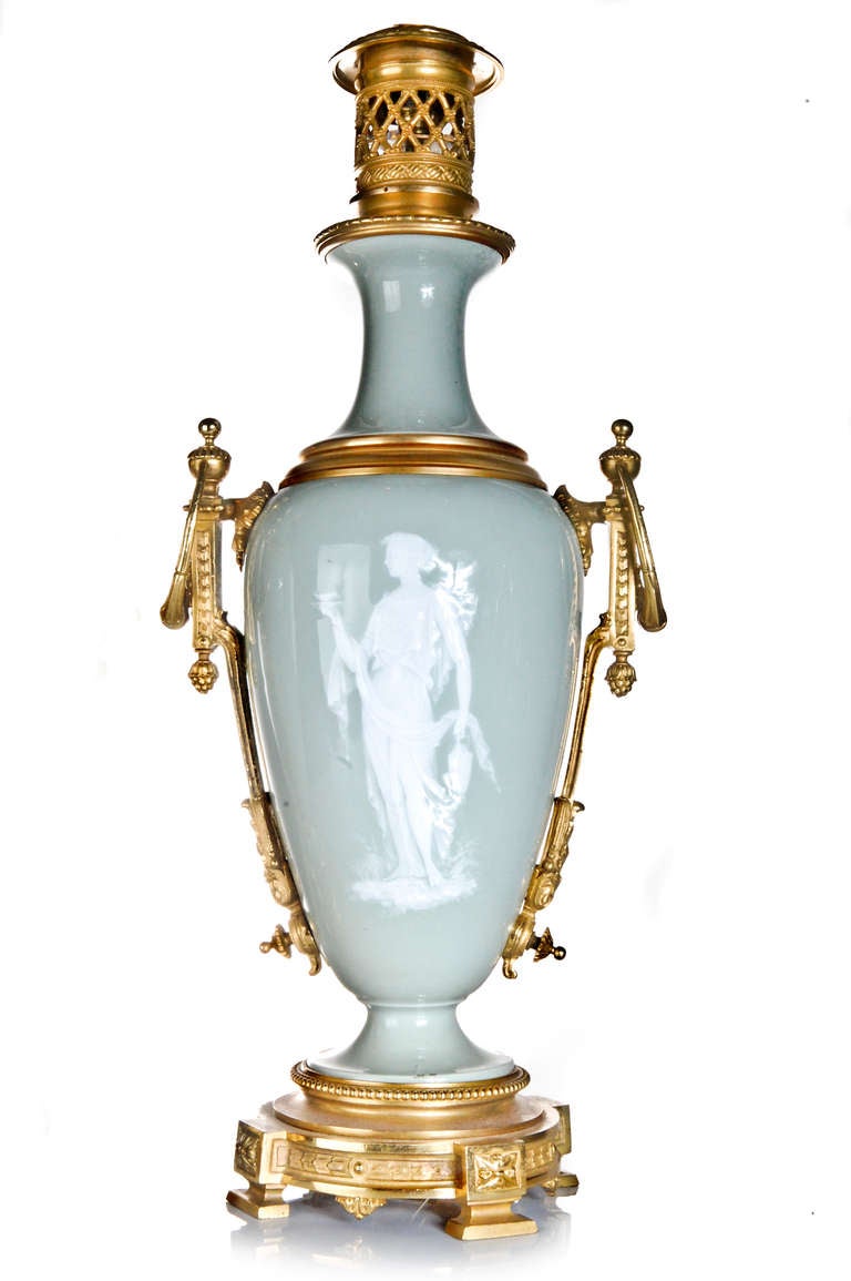 19th Century Pr French Neoclassical Gilt Bronze & Celadon Pate Sur Pate Porcelain Lamps, 1860. For Sale