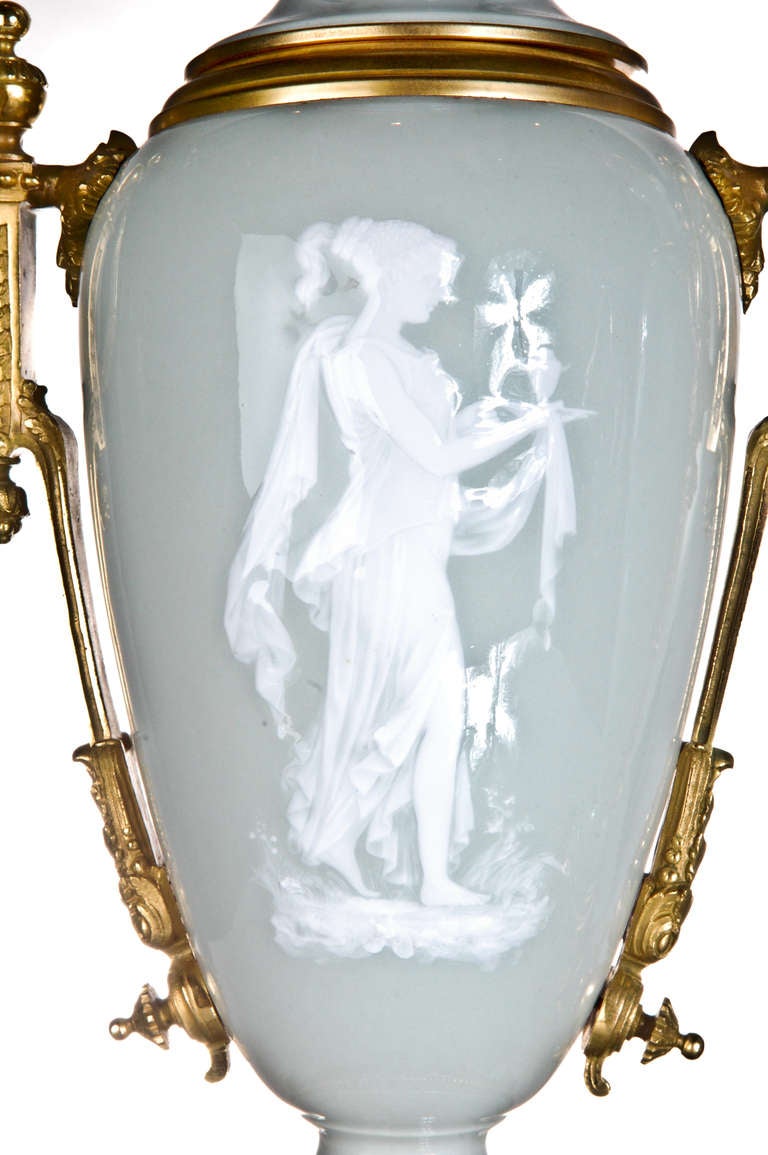 Pr French Neoclassical Gilt Bronze & Celadon Pate Sur Pate Porcelain Lamps, 1860. For Sale 3
