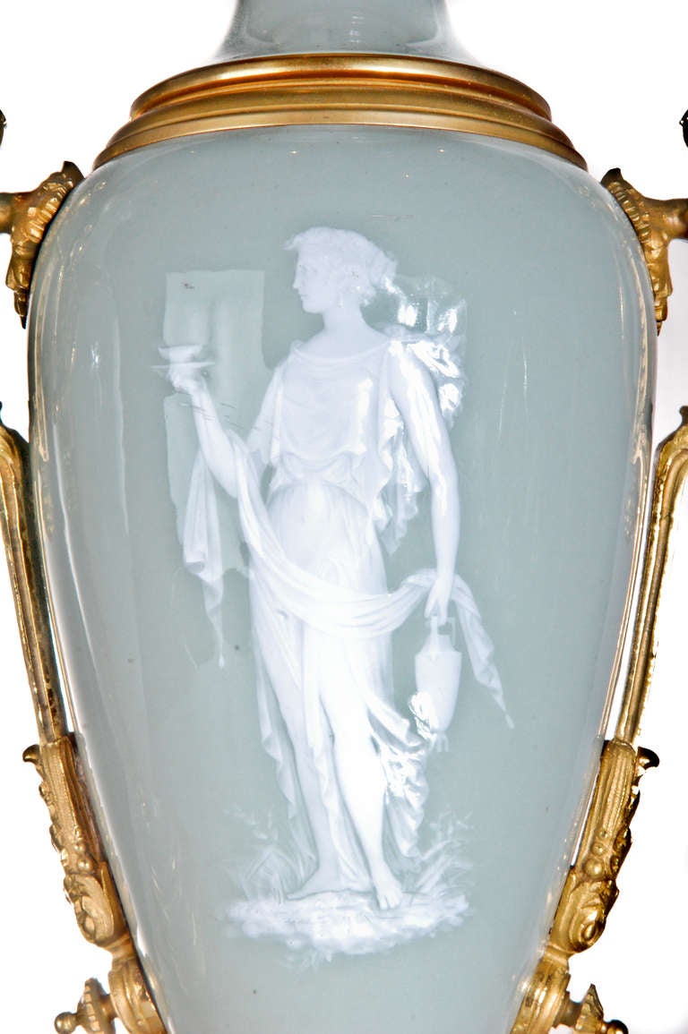 Pr French Neoclassical Gilt Bronze & Celadon Pate Sur Pate Porcelain Lamps, 1860. For Sale 4