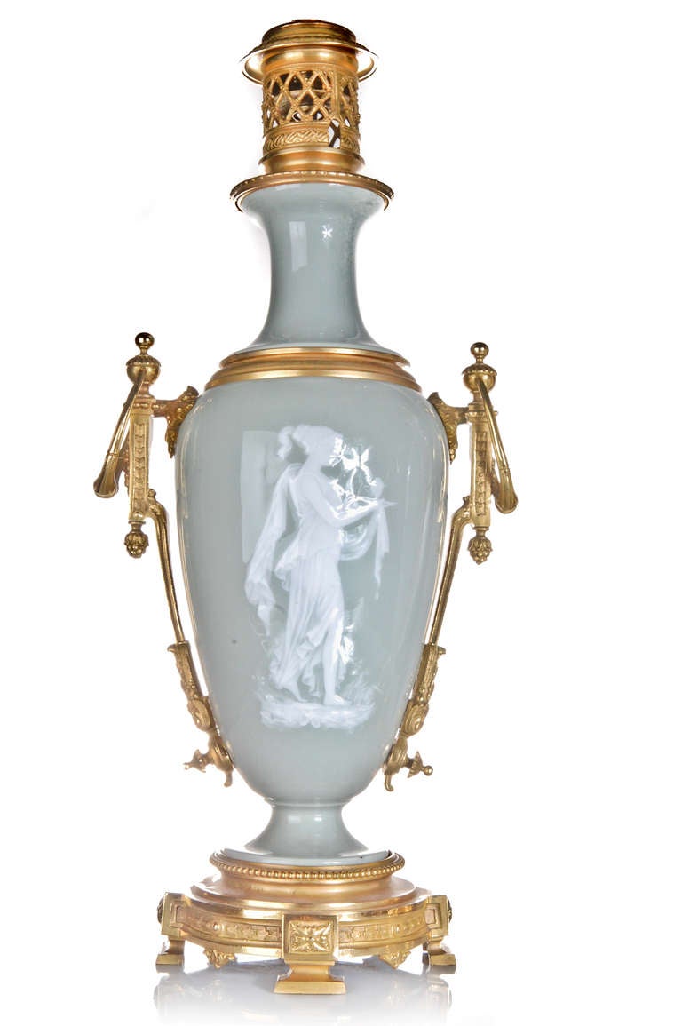 Pr French Neoclassical Gilt Bronze & Celadon Pate Sur Pate Porcelain Lamps, 1860. For Sale 1