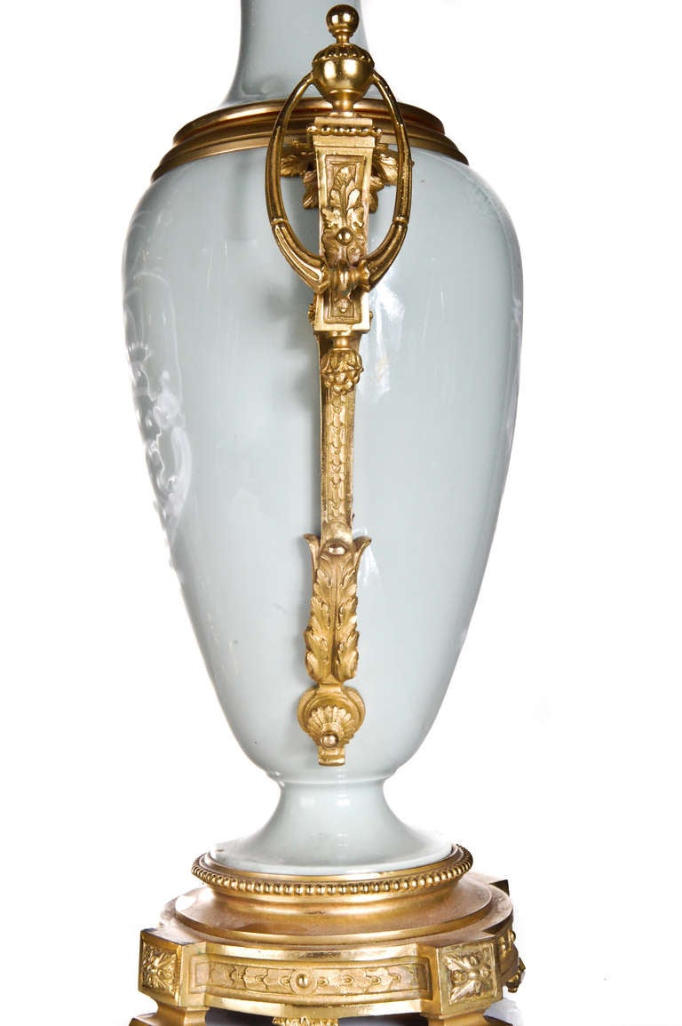 Pr French Neoclassical Gilt Bronze & Celadon Pate Sur Pate Porcelain Lamps, 1860. For Sale 2
