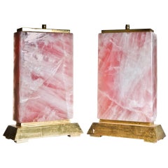 Pr French Art Deco Style Pink Cut Rock Crystal Lamps, 20th Century