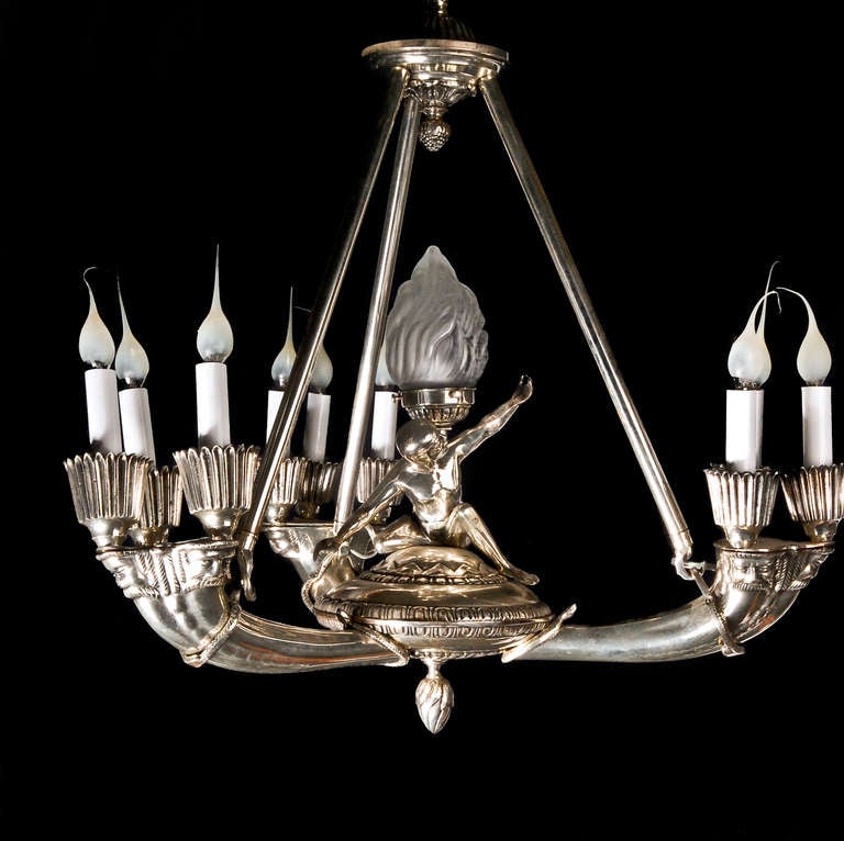 Antique French Silvered Bronze Art Deco Figural Chandelier, ca.1940