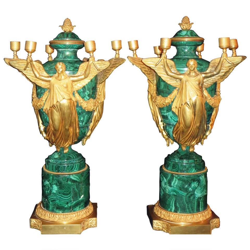 Pair of Magnificent 
Large Antique Russian Neoclassical Malachite 
Gilt bronze Candelabra/Urns For Sale