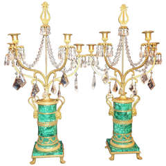 Pair of Highly Important & Large Antique Period Russian Gilt Bronze, Malachite & Rock Crystal Candelabras, Ca.1820
