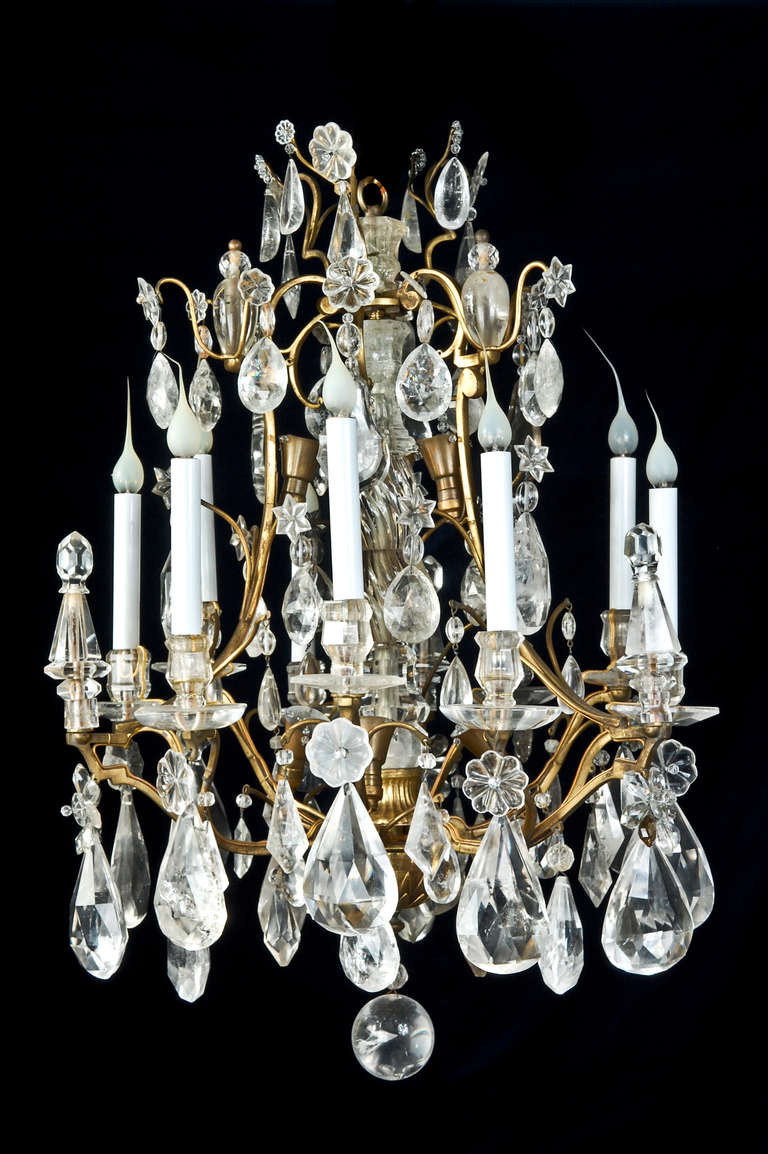 A Pair Of Magnificent Antique French Louis XVI Gilt Bronze & Cut Rock Crystal Chandeliers By Bagues, Paris, Circa 1920