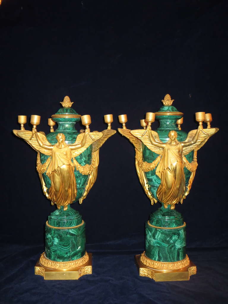 Pair of Magnificent & Large Antique Russian Neoclassical Malachite & Gilt bronze Candelabra/Urns