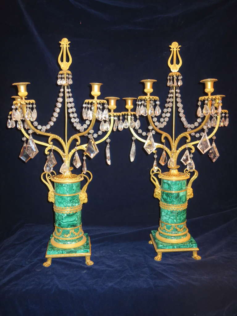 Pair of Highly Important & Large Antique Period Russian Gilt Bronze, Malachite & Rock Crystal Candelabras, Ca.1820