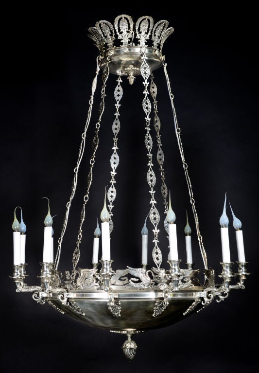 Antique Palatial French Empire Silvered Bronze Chandelier,