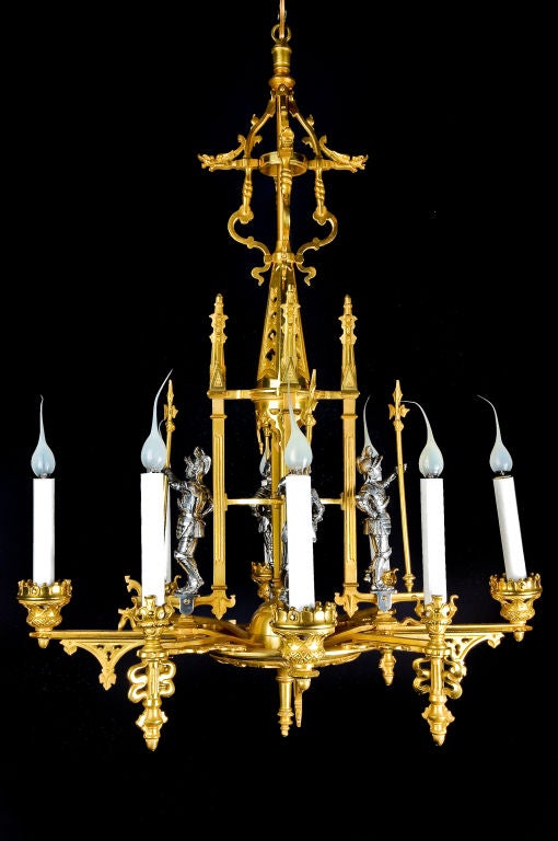 Antique French Gilt  & Silver Bronze Military Chandelier, Ca1880