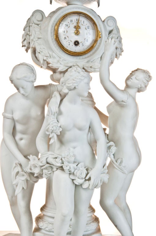 19th Century Antique French Figural  White Bisque Porcelain Clock, Ca.1880's For Sale