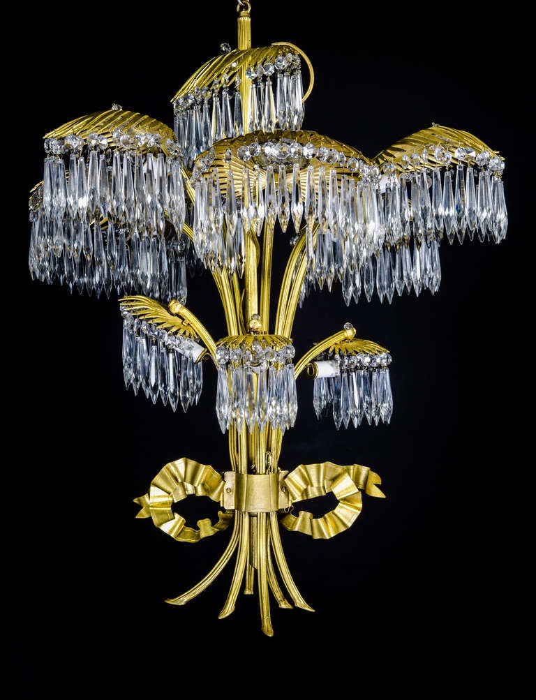French Art Nouveau Gilt Bronze & Crystal Palm Tree Chandelier, 19th Century