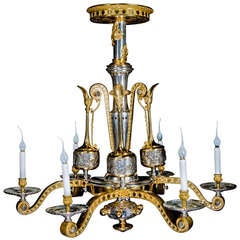 A Rare Antique French Neoclassical Gilt & Silver Bronze Chandelier, 19th Century