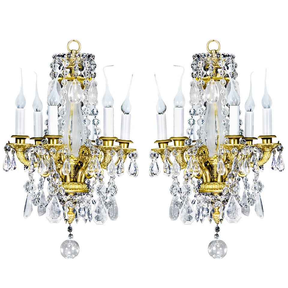 Pr French Louis Xvi Gilt Bronze & Rock Crystal Chandeliers, 19th Century For Sale