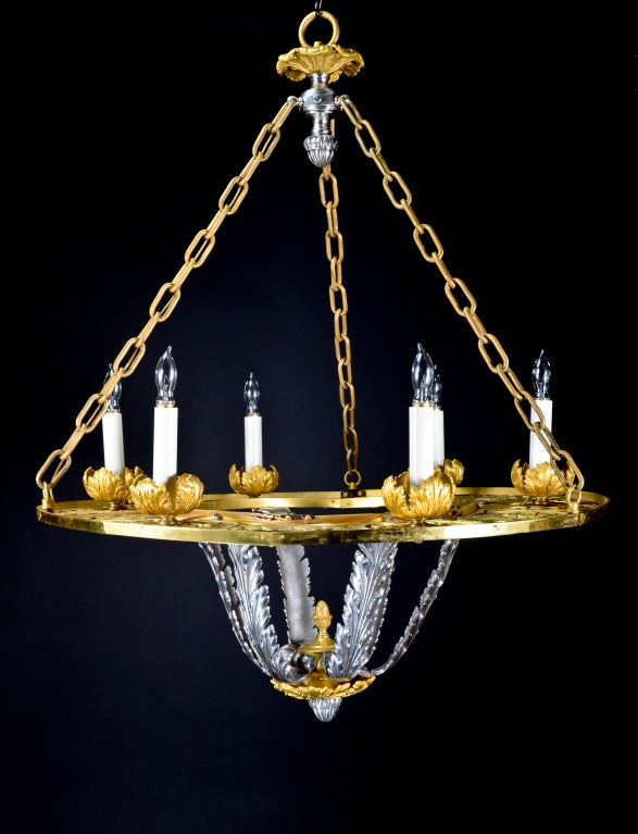 Large Antique Gilt & Silvered Bronze Chandelier byE. F.Caldwell