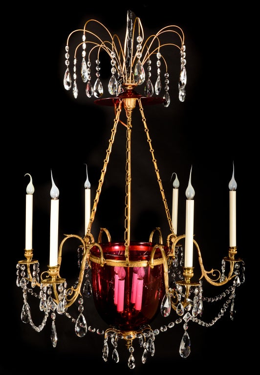 Superb Antique Russian Period Neoclassical Gilt Bronze, Cranberry Glass & Cut Crystal Multi Light Lantern Chandelier of great quality embellished with cut crystal chains and prisms,Ca.1820.