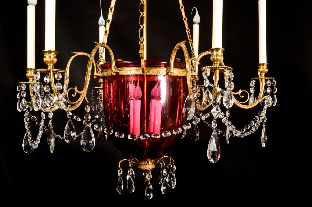 Ormolu Russian Gilt  Bronze & Cranberry Glass Lantern Chandelier For Sale