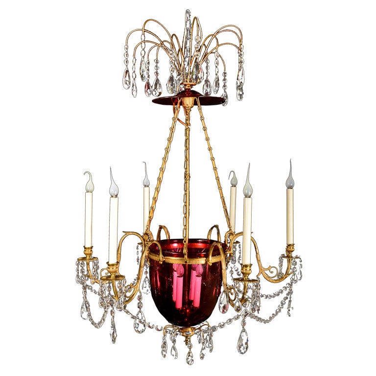 Russian Gilt  Bronze & Cranberry Glass Lantern Chandelier For Sale