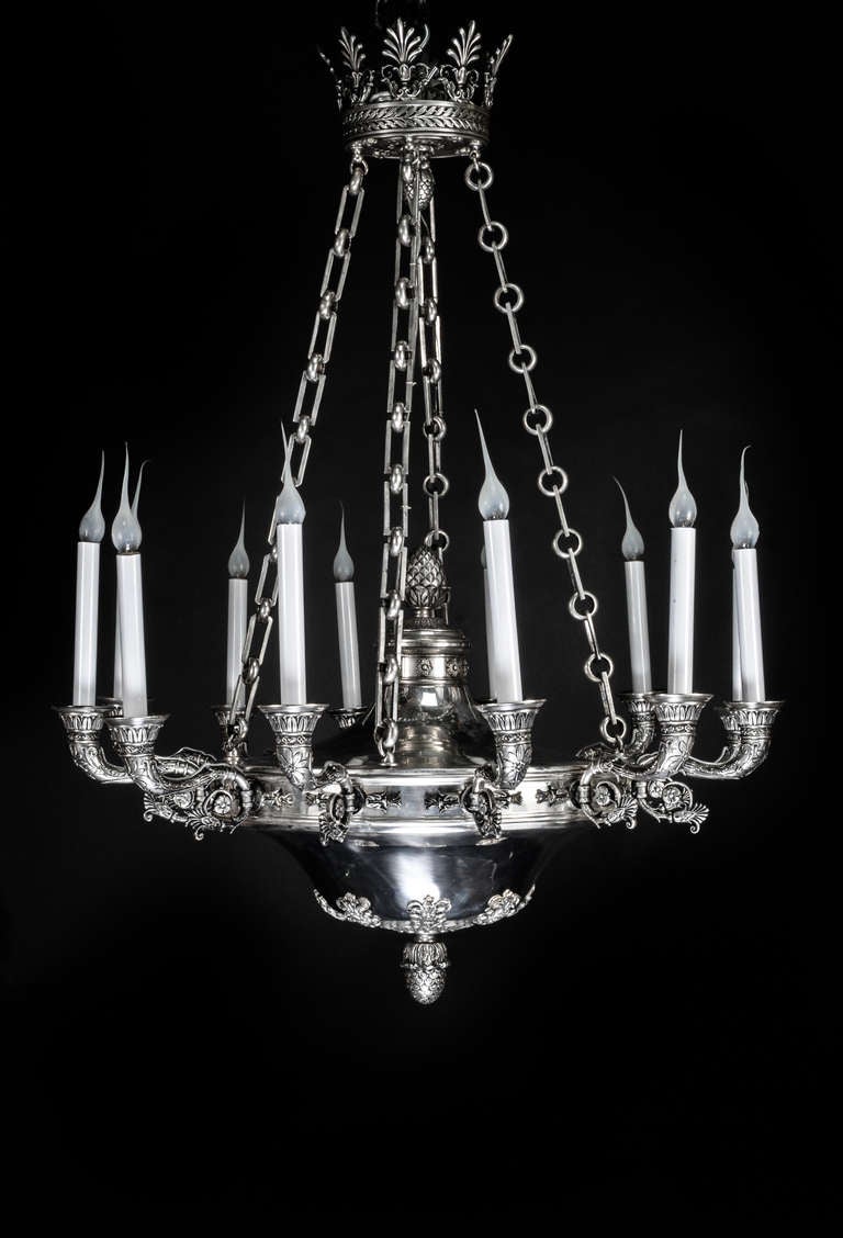 Rare Antique French Empire silvered bronze neoclassical chandelier, 19th cent.