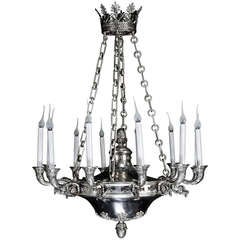 Rare Antique French Empire silvered bronze neoclassical chandelier, 19th cent.