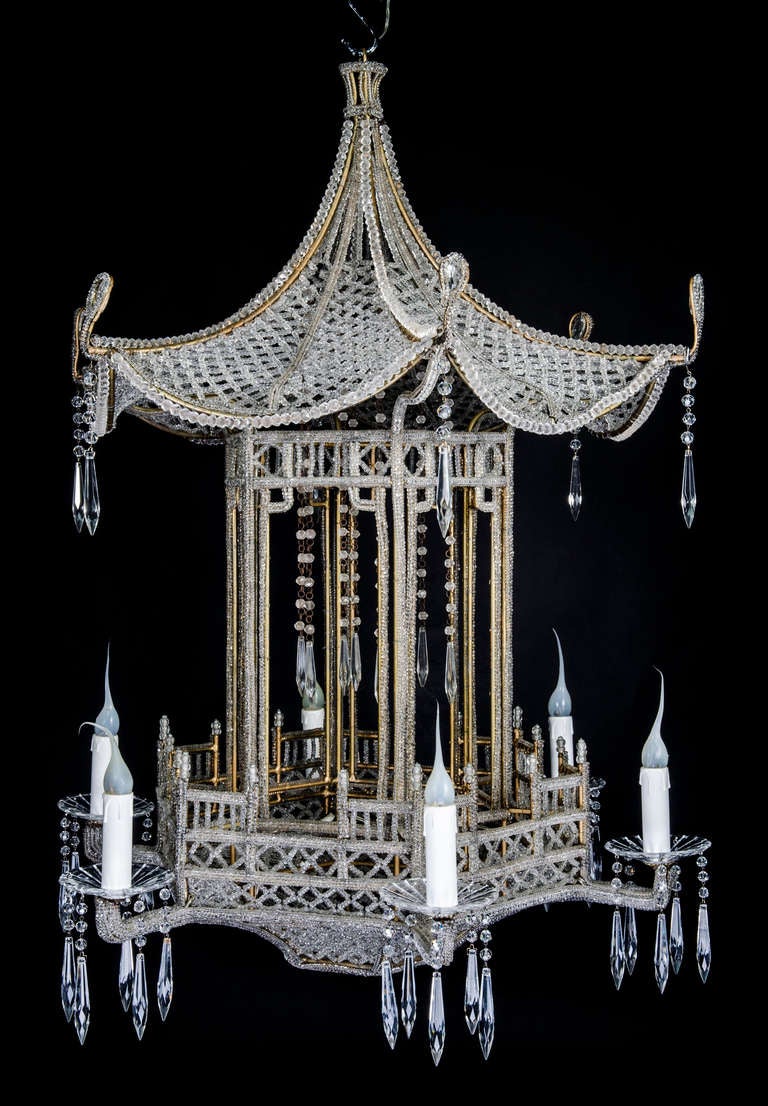 A Unique Italian Gilt Bronze, Beaded & Cut Crystal Chinoiserie Style Chandelier In Good Condition For Sale In New York, NY
