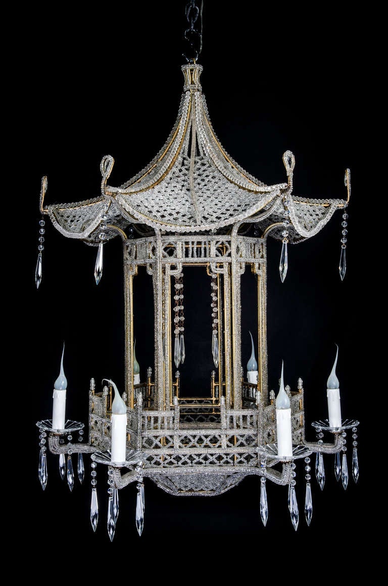 Anglo-Japanese A Unique Italian Gilt Bronze, Beaded & Cut Crystal Chinoiserie Style Chandelier For Sale