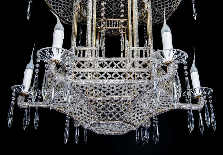 A Unique Italian Gilt Bronze, Beaded & Cut Crystal Chinoiserie Style Chandelier For Sale 1