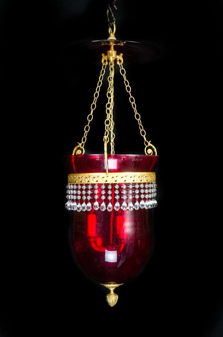 Pair of Antique Russian Neoclassical Gilt Bronze & Ruby Glass Lantern Chandeliers