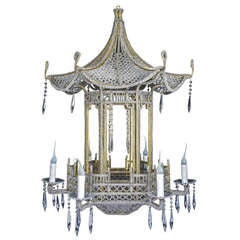 A Unique Italian Gilt Bronze, Beaded & Cut Crystal Chinoiserie Style Chandelier