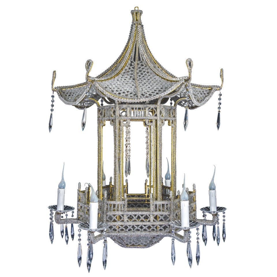 A Unique Italian Gilt Bronze, Beaded & Cut Crystal Chinoiserie Style Chandelier For Sale