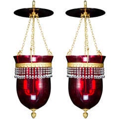 Pair of Antique Russian Neoclassical Gilt Bronze & Ruby Glass Lantern Chandeliers