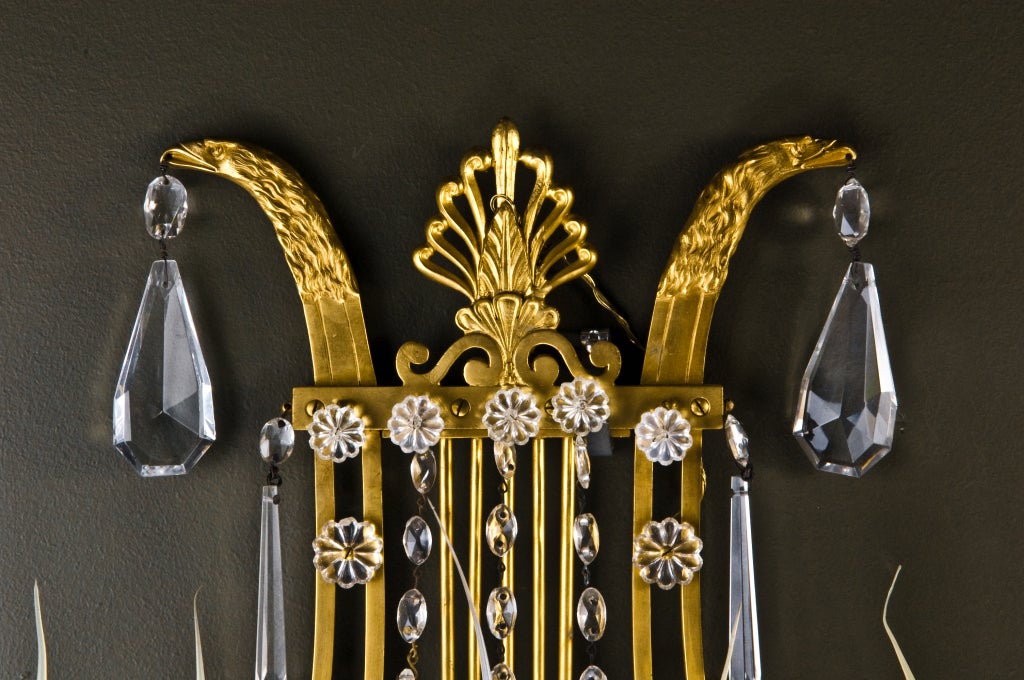 Ormolu Pair of  Antique French Louis XVI Gilt Bronze & Crystal Sconces