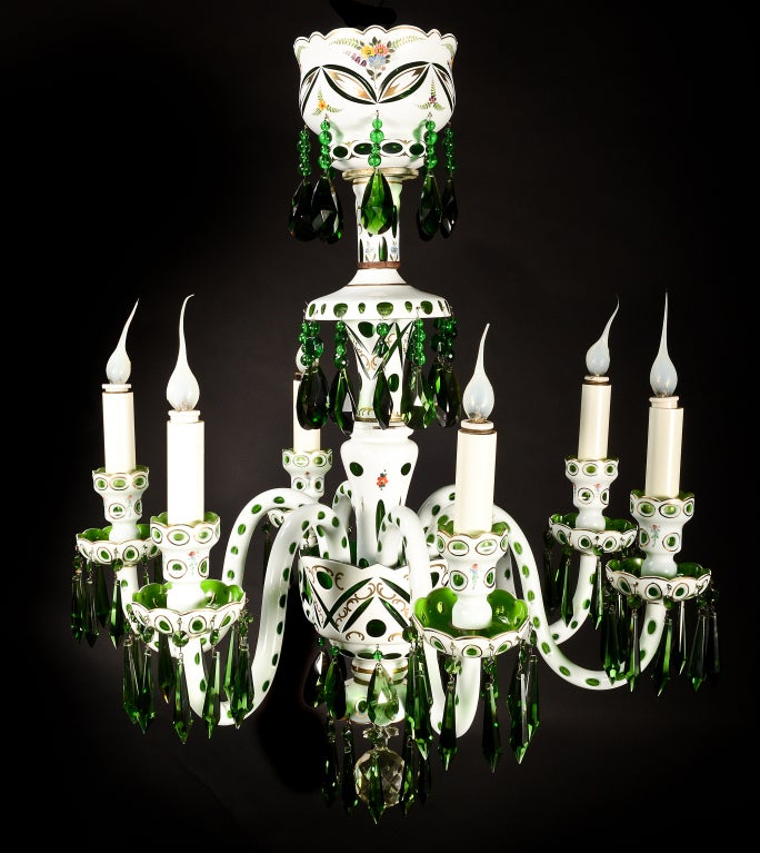 Spectacular & important Antique Moser Austrian Overlay Emerald Green Crystal & white Cameo hand carved enameled and gilted glass six light chandelier of exquisite detail and great craftsmanship. This fine piece of lighting is embellished with cut