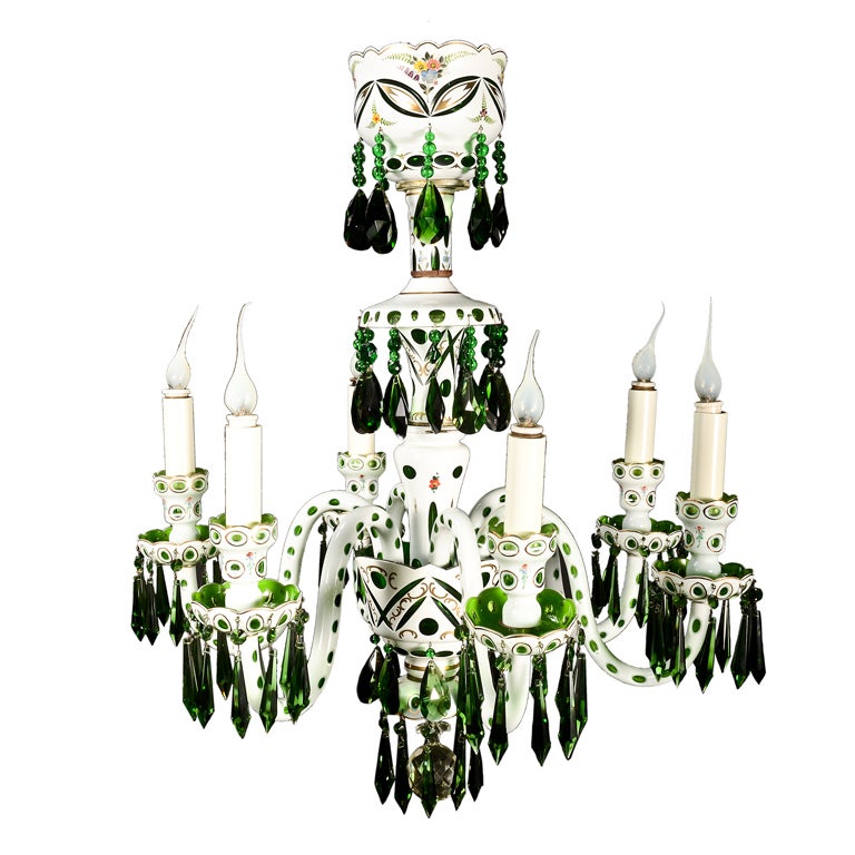 Important Antique Moser Austrian Emerald Green Crystal Chandelier For Sale