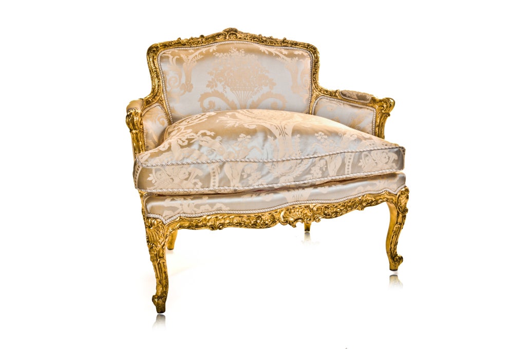 PAIR OF HIGHLY IMPORTANT & UNIQUE ANTIQUE FRENCH LOUIS XVI CARVED GILT WOOD MARQUISES OF EXQUISITE CRAFTSMANSHIP UPHOLSTERED IN FINE SILK SCALAMANDRE FABRIC,CA.1860'S.
