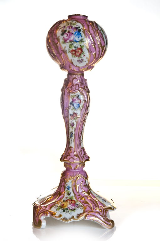 PAIR OF UNIQUE ANTIQUE FRENCH LOUIS XVI FLORAL PINK SEVRES PORCELAIN  OIL LAMPS IF FINE DETAIL EMBELLISHED WITH HAND PAINTED POLYCHROME ENAMEL DEPICTING FLOWERS & FURTHER HAND PAINTED WITH 24 KARAT GOLD DETAIL,CA.1880'S.