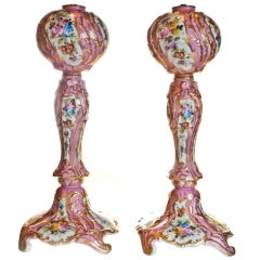 Pair Antique French Sevres Pink Porcelain Oil Lamps, ca. 1880's