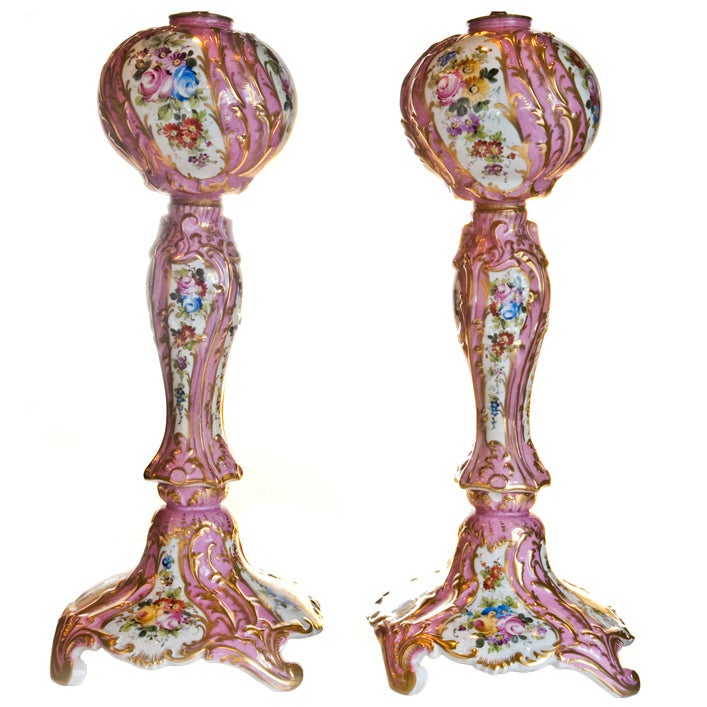 Pair Antique French Sevres Pink Porcelain Oil Lamps, ca. 1880's For Sale