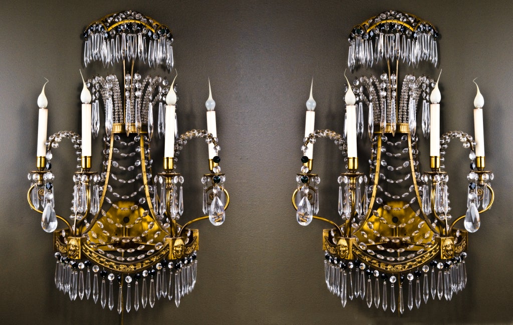 Pr Antique Russian Gilt Bronze & Cutcrystal Neoclassical Sconces