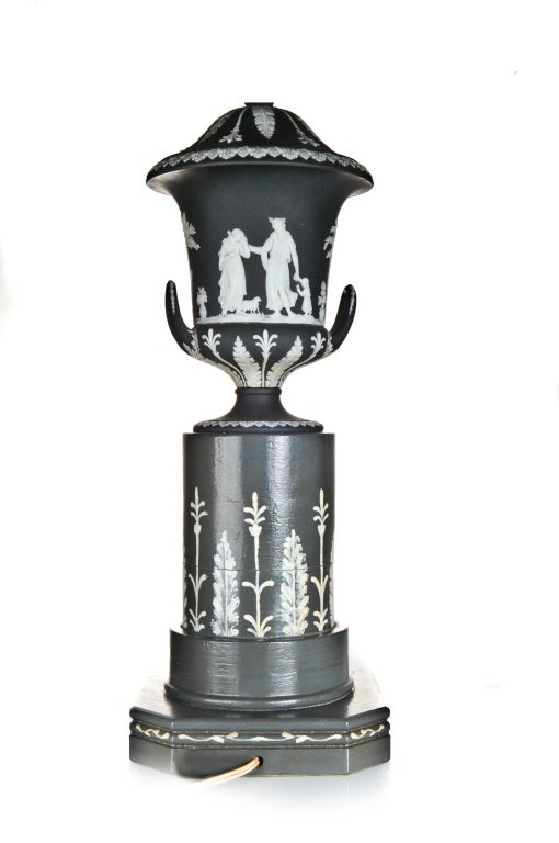 Porcelain Pr Antique English Black & White Jasperware Wedgewood Lamps For Sale
