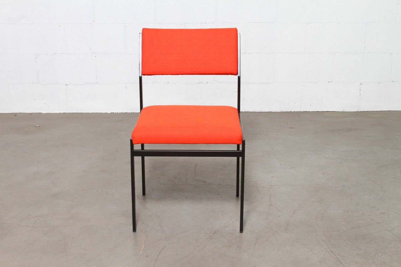 Japanese Series Original Black Enameled Metal Framed Dining or Office Chairs in New Fire Red Upholstery. Set Price.