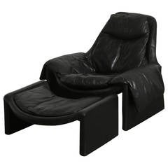 Vittorio Introini Black Leather Lounge Chair & Ottoman for Saporiti