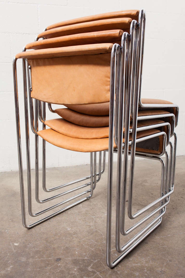 Set of 4 Rare Chrome and Leather Deco Dutch Stacking Chairs In Good Condition In Los Angeles, CA